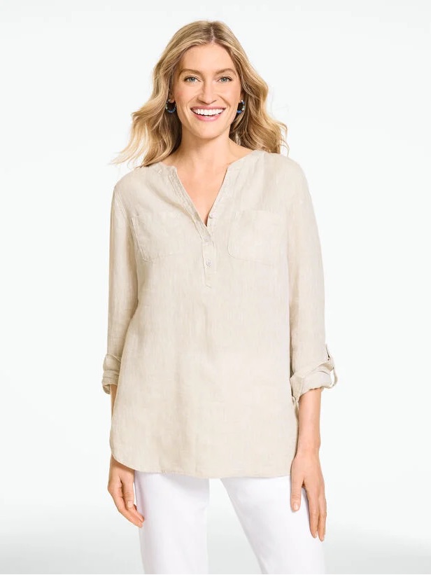 Talbots Linen Band Collar Roll Tab Sleeve Tunic Size Xl Lagenlook Minimalist